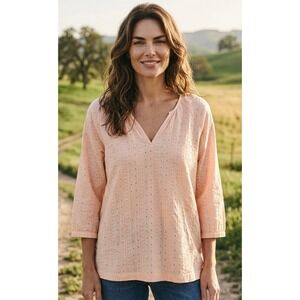 Barbour Womens Split V-Neck 3/4 Sleeve Blouse Top Peach Eyelet Embroidered Boho